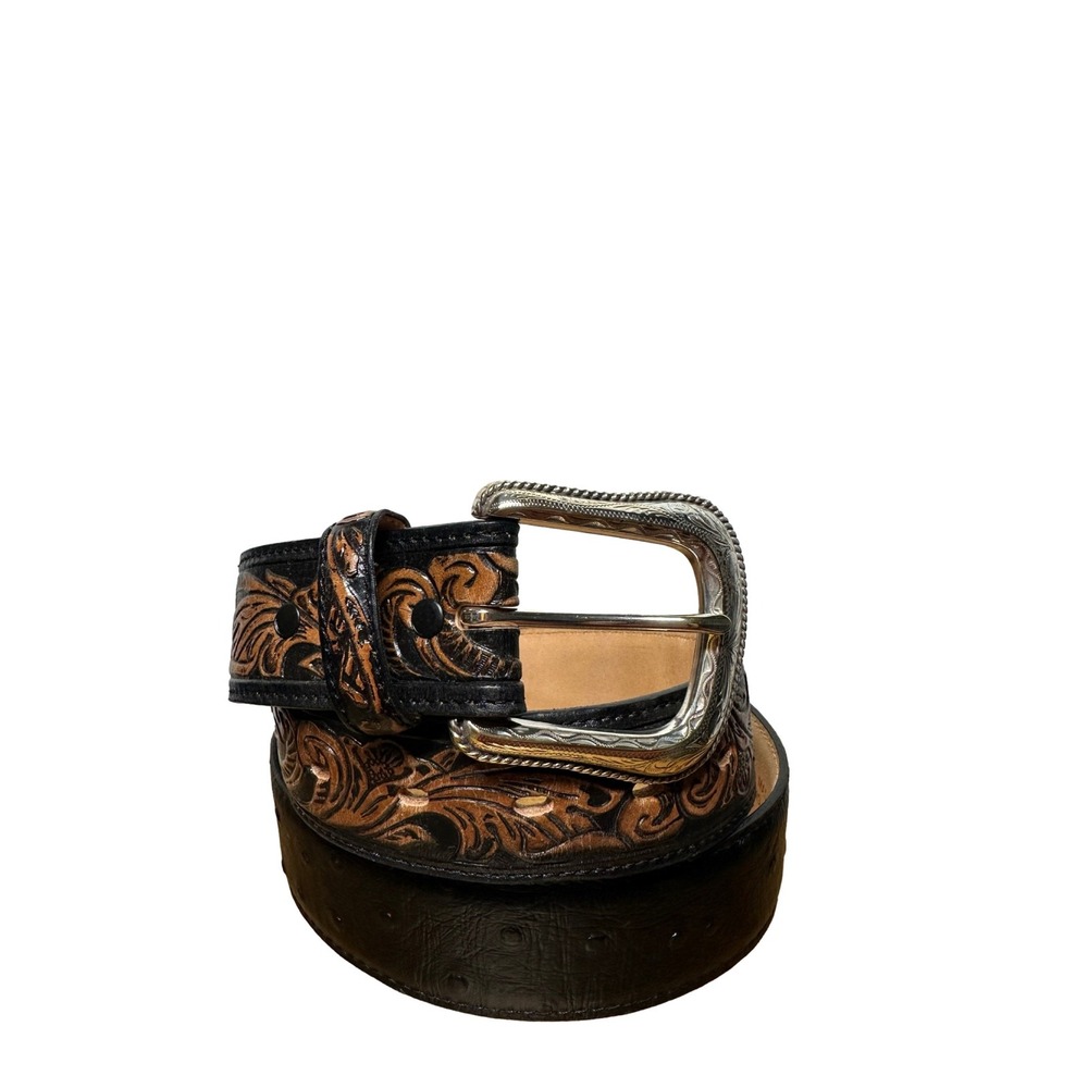 Tony Lama Mens Black Brown Floral Tooled Leather Western Belt Silver Buckle 34